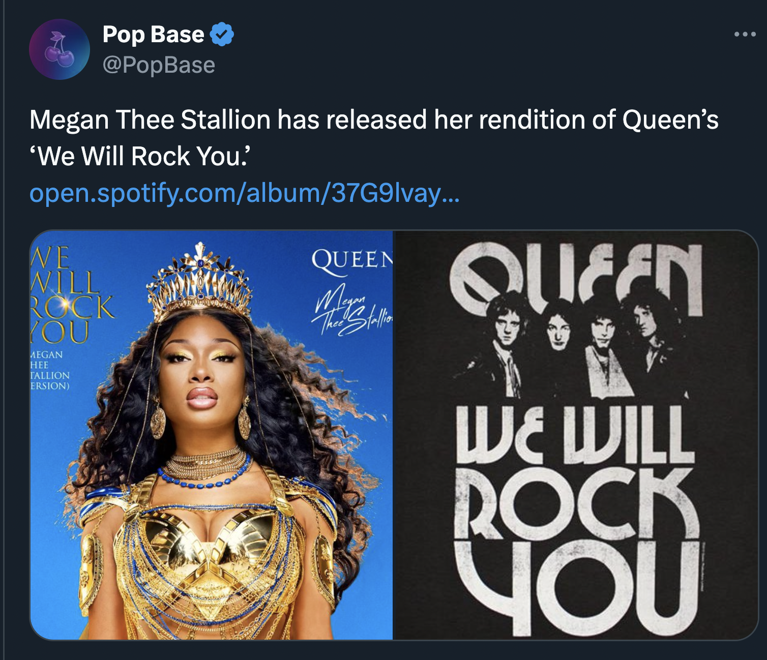 samba - Pop Base Megan Thee Stallion has released her rendition of Queen's 'We Will Rock You.' open.spotify.comalbum37G9lvay... We Will Rock You Megan Hee Tallion Ersion Queen Quifen We Will Rock You